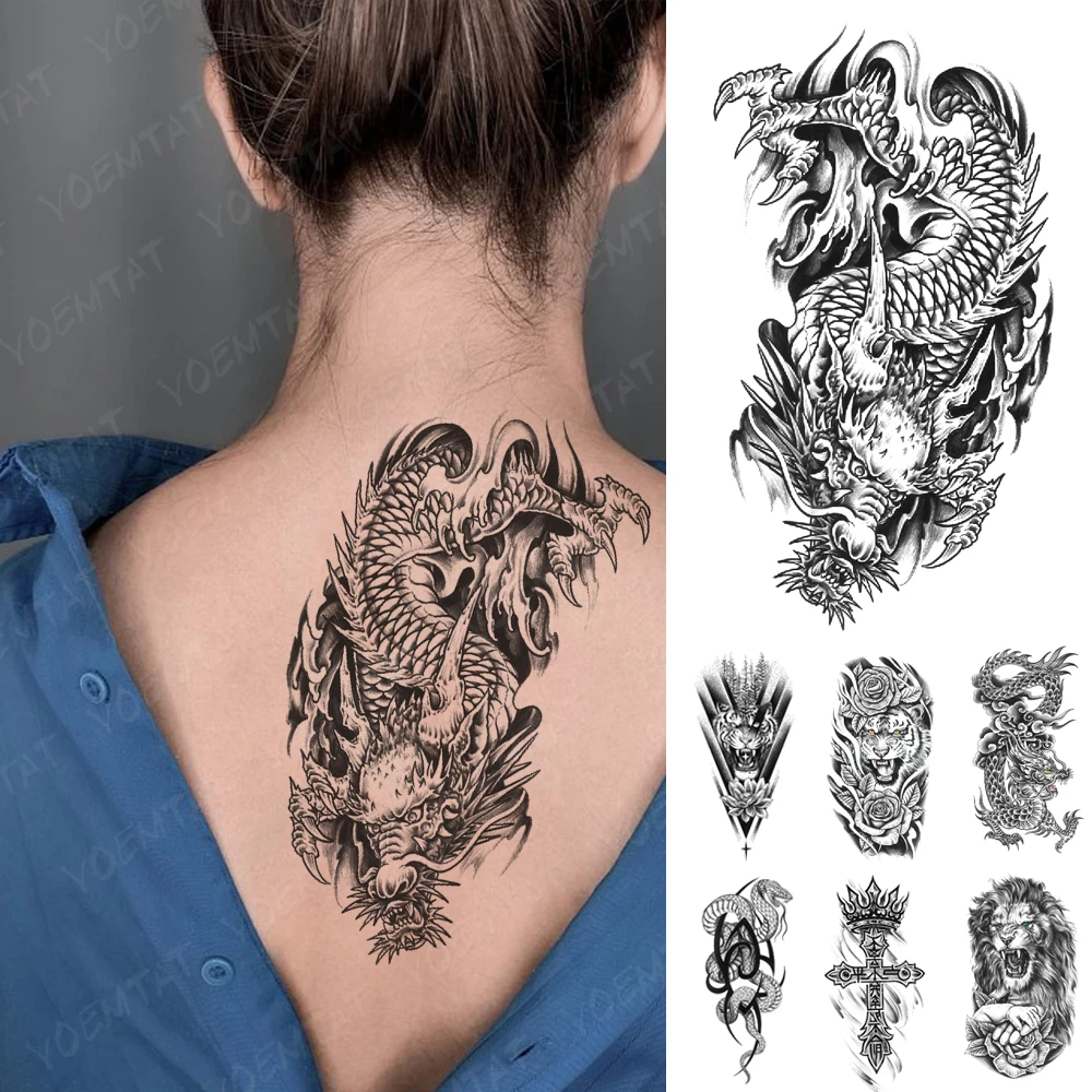 

Waterproof Temporary Tattoo Sticker Black Geometric Snake Dragon Totem Chinese Style Women Men Arm Body Art Fake Sleeve Tattoos