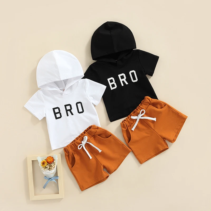 

0-24M Summer Causal Baby Boys 2pcs Clothes Sets Bro Letter Short Sleeve Hooded Tops+Solid Shorts
