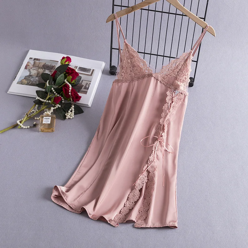 

Pink Women Summer Short Nightgown Sexy V-Neck Lace Floral Trim Nightdress Rayon Thin Home Sleepshirts Lingerie Loose M-XL Skirt