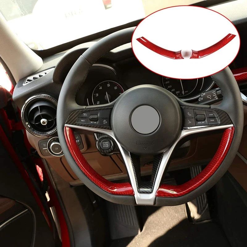 

2Pcs Steering Wheel Red Real Carbon Fiber Decorative Decor Cover Trim For Alfa Romeo Stelvio 2017-2018 Giulia 2016-2018