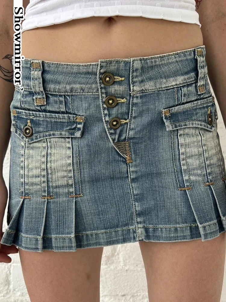 

ShowmirrorPreppy Style Low Waist Y2K Pleated Skirts For Women Irregular Button Up Denim Mini Skirt Vintage Aesthetic Jean Skirt