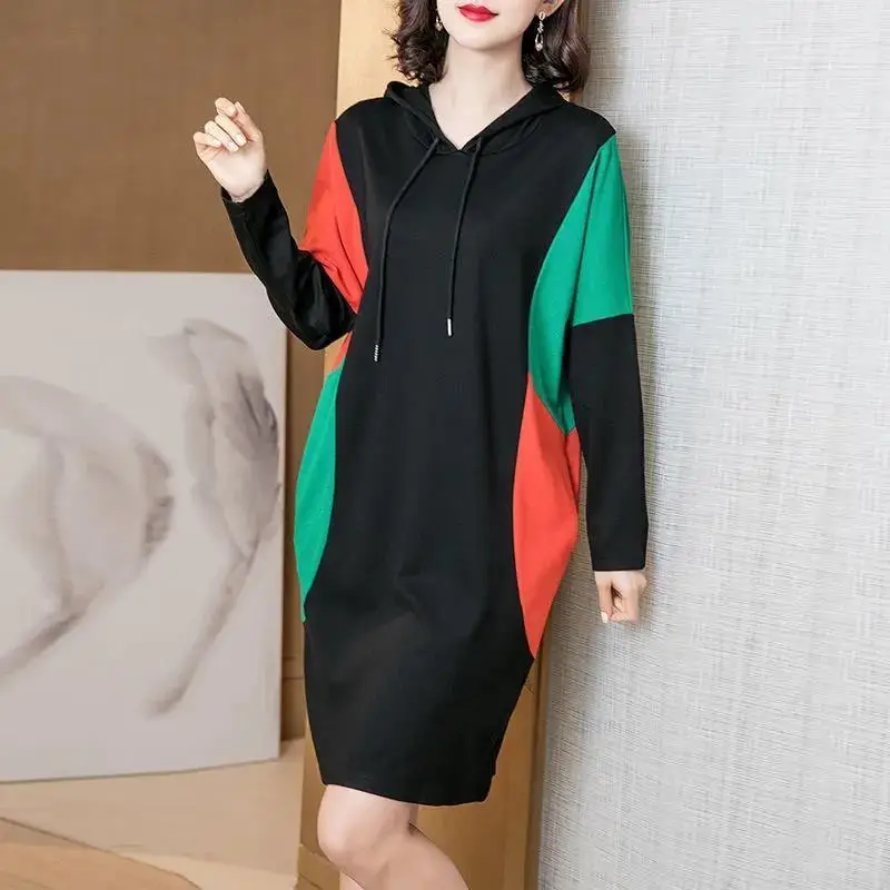 

Spring Autumn Large Hooded Mid-length Dresses Long Sleeve Patchwork Loose Simplicity Lacing Dress Fashion Casual Women Clothes