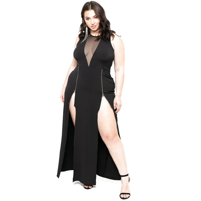 

African Maxi Dresses For Women Mesh See Through Splice Robes Fashion New Zipper Split Sexy Elegant African Party Dress Vestidos