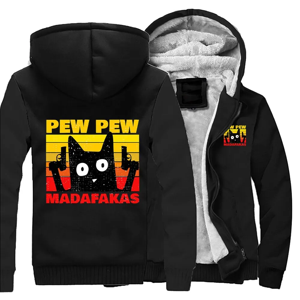 

Funny Pew Pew Madafaks Cat Winter Coat Men Casual Fleece Thick Hooded Men Clothing Brand Warm Tracksuit Man Hoody Outwear