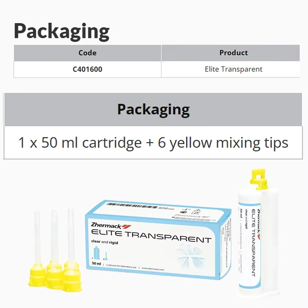 Фото Zhermack Elite Transparent Clear Rigid Dental Lab Silicone Dental Lab Model Duplicating Material 50ml Cartridge Kit №4