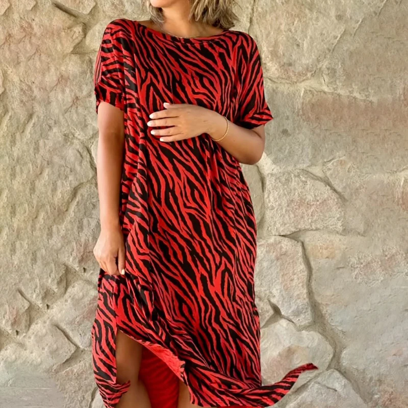 

Preciosoo Women‘s Leopard Print Round Neck Stretch Dress Casual Loose Solid Lrregular Slit Temperament Streetwear Female Robe