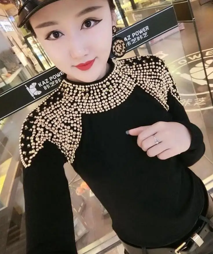 Fashion Long Sleeve Gold Bead Work T-shirts Women Sexy Bead Work Black T-shirts Lady Bead Work Sexy Club Pullovers Bead Top