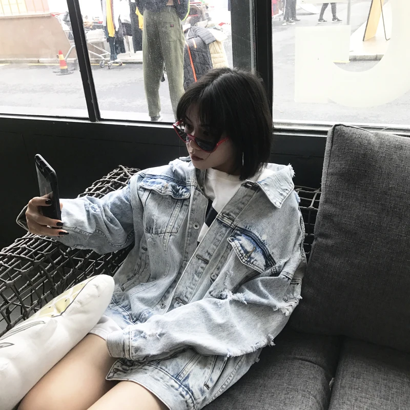 

Coat Women's Cotton National Fashion Couple Hong Kong Style Denim Oversize Retro Ripped Loose Single-Breasted Street Fashion 1Pc