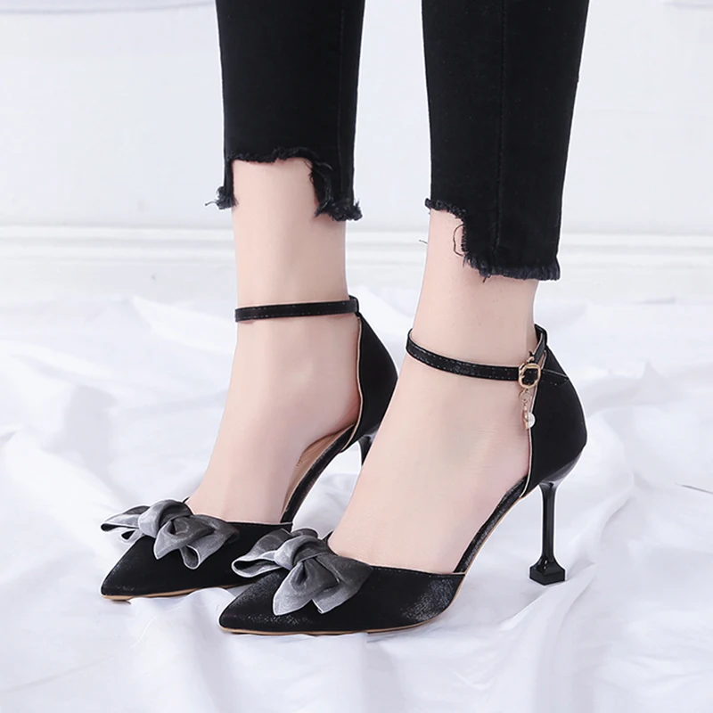 

Mix Color Bowknot Women Pumps 2022 Ankle Strap Stiletto Heels Party Wedding Shoes Woman Sexy Pointed Toe High Heels Shoes