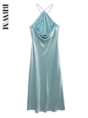 2023 Summer Fashion Halter Neck Women Dress Vintage Sleeveless Straps Chic Female Sexy Backless Satin Midi Dresses