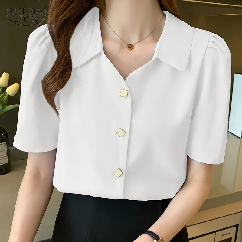 

Новинка 2023, модная шифоновая блузка, женская летняя рубашка с коротким рукавом, женские топы на пуговицах, женская белая синяя одежда, блузы 20238