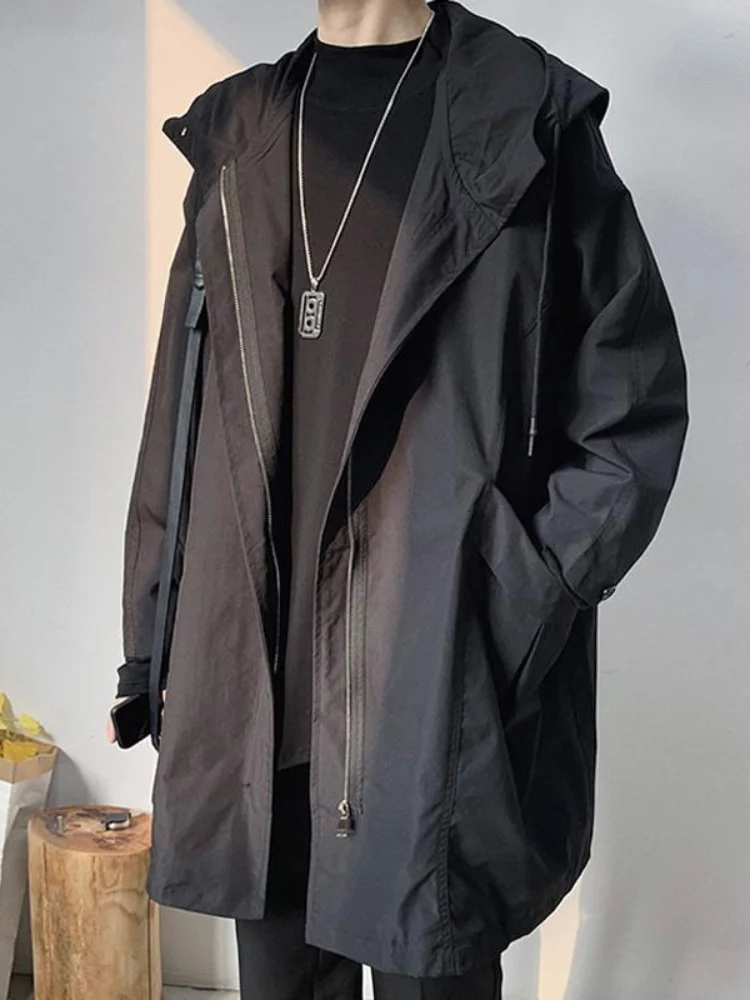 

Windbreaker Men's Mid-length Spring Autumn Trench Coat ded Jacket Korean Trend Handsome Preppy Cape Cloak Punk Streetwear