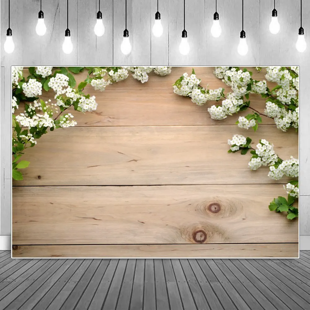 

White Flowers Decoration Log Plank Photography Backdrop Home Studio Kids Wood Eye Grain Leaves Board Flat Lay Photo Background