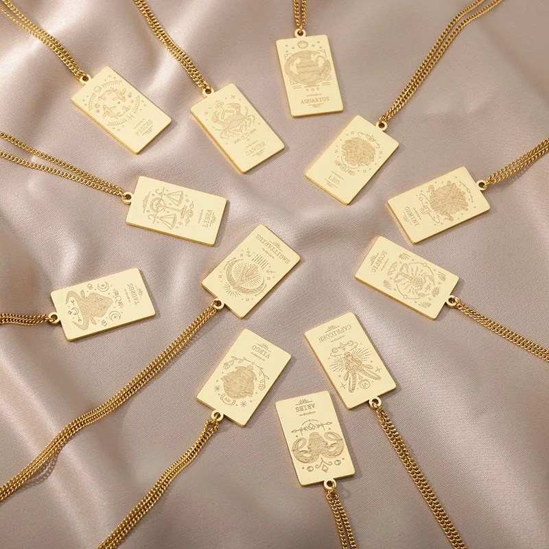 

Gold Necklaces For Mens And Womens Korean Fashion Accessories 12 Constellations Tarot Square Hip Hop Simple Souvenir Wholesale