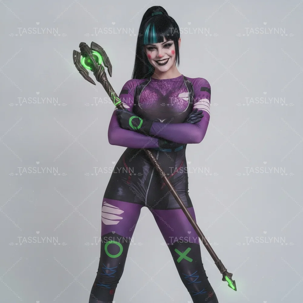 Фото Костюм для косплея Cyber Punk Clown Girl Punchline: Фиолетово-черный комбинезон-зентай с принтом, на все тело, для Хэллоуина №3