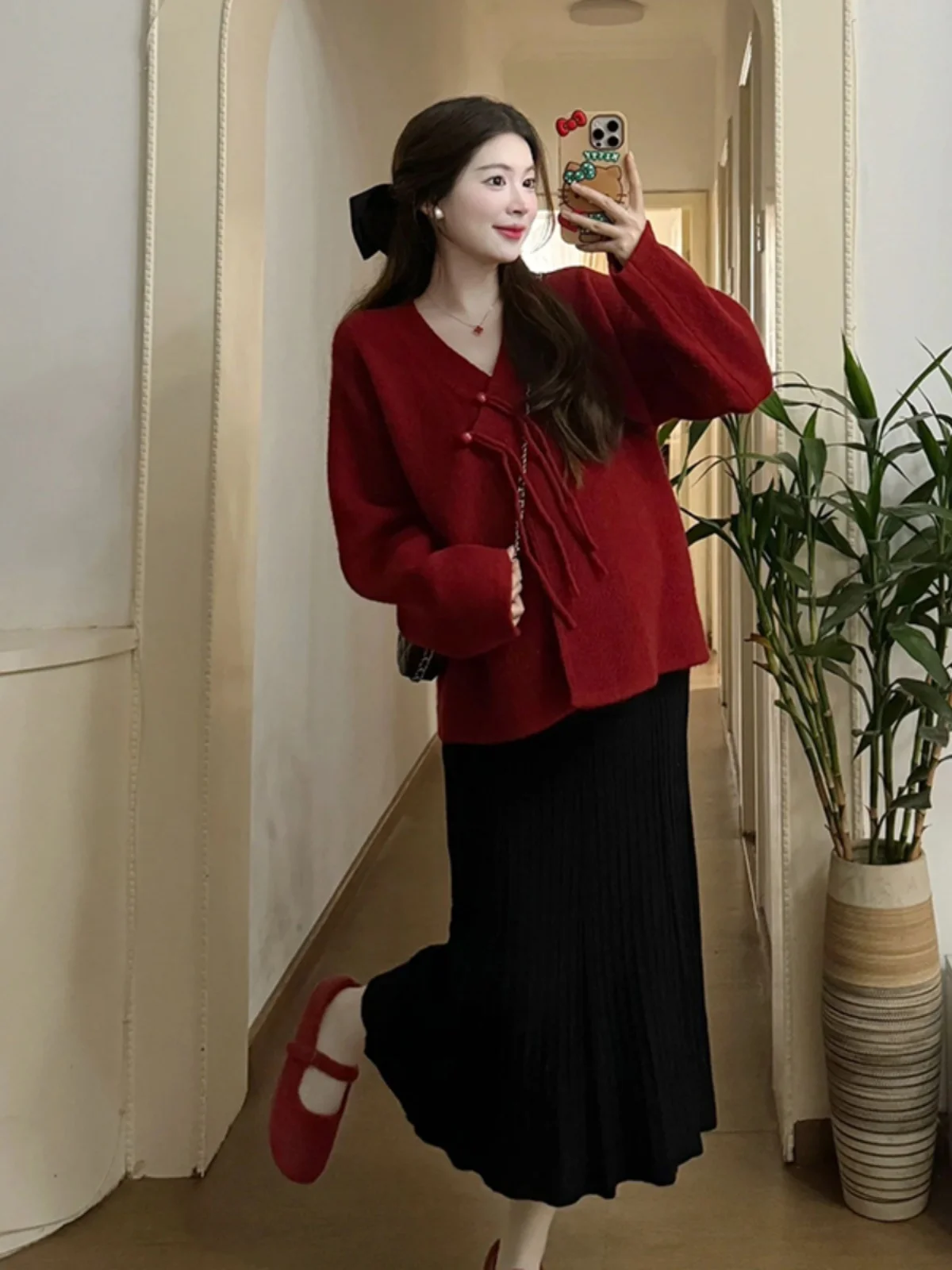 Новый китайский красный свитер с v-образным вырезом кардиган верхняя одежда