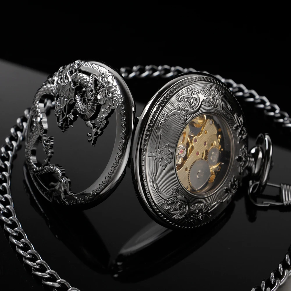 New Black Flying Dragon Sculpture Mechanical Pocket Watch Retro Hollow Case Simulated Skeleton Men's Mechanical Pocket Watch
