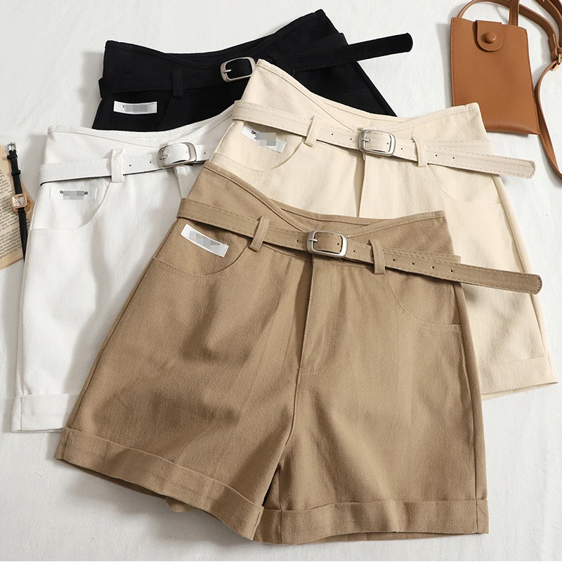 

Spring and summer 2022 new Korean version fashion tooling pocket shorts high waist and thin wide leg shorts women's belt