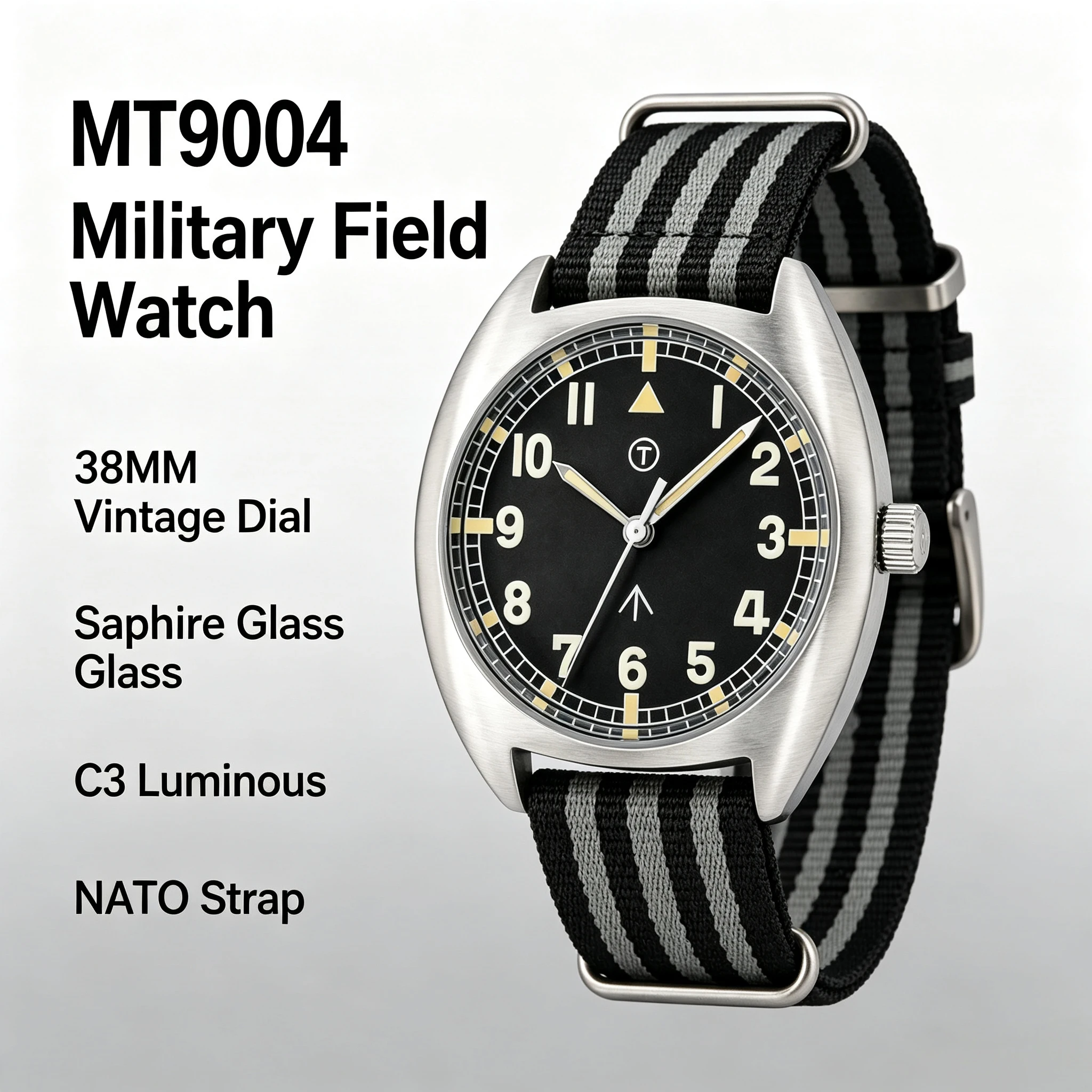 Винтажные военные кварцевые часы MILITREK MT9004, 38 мм, нержавеющая сталь 316L, водонепроницаемость 100 м, сапфировое стекло, C3, светящиеся мужские полевые часы (art.: 3920dcab367c7) - 3920dcab367c7