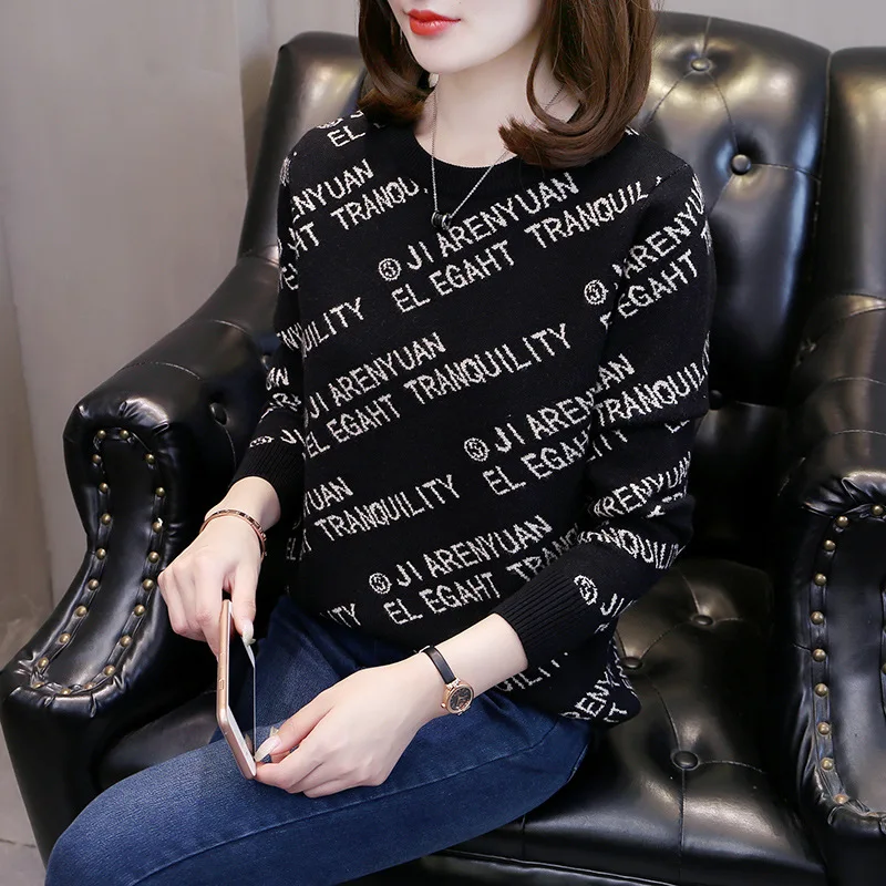 

2023 Winter y2k Clothing Korean Fashion Jacquard Letter Knitted Women's Sweater Pullover O-neck Long Sleeve Top Luxury Harajuku