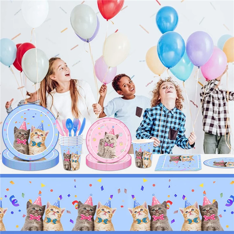 

New Off-the-shelf Pet and Cat Themed Birthday Party Tableware Disposable Party Supplies Paper Cups Paper Plates Tablecloth