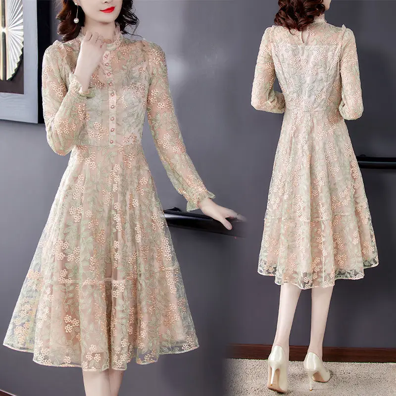 

Woman Dress Spring Autumn New Embroidery Lace 5XL Large Size Slim Waist Long Sleeve Bodycon Midi Dresses Women's Clothing X29