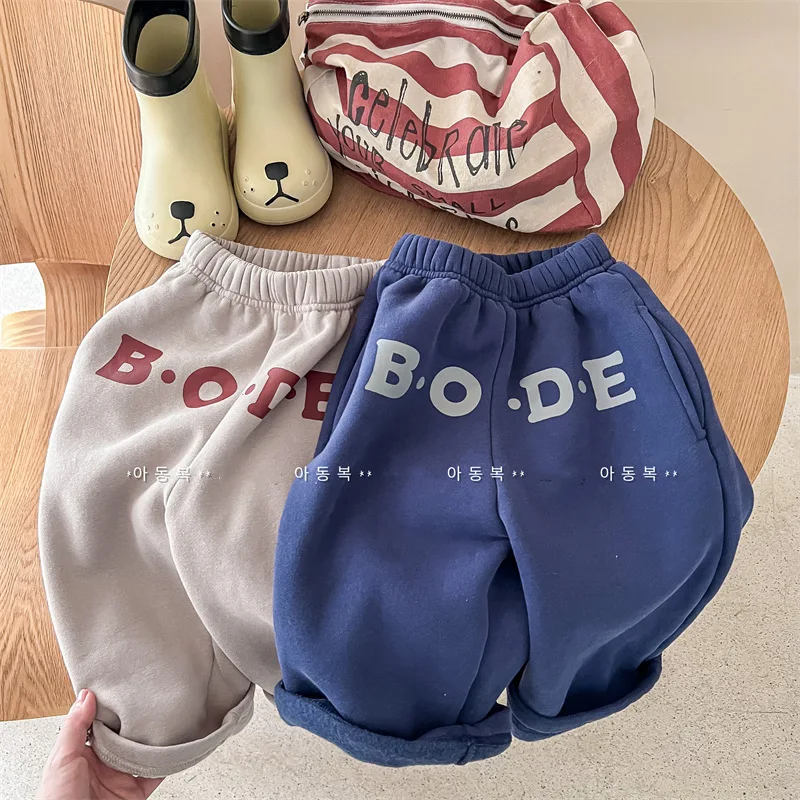 

Children Clothing 2022 Autumn Winter Children Fleece Trousers Boys Girls Korean Style Letter Printed Casual Wide Leg Trousers