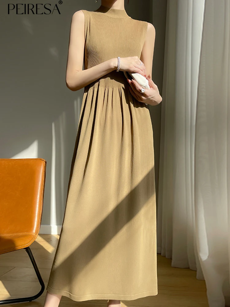 

PEIRESA Half High Collar Knitted Sleeveless Dress For Women 2023 Summer New Tank Top Slim Ice Silk Midi Dresses Fashion Elegant