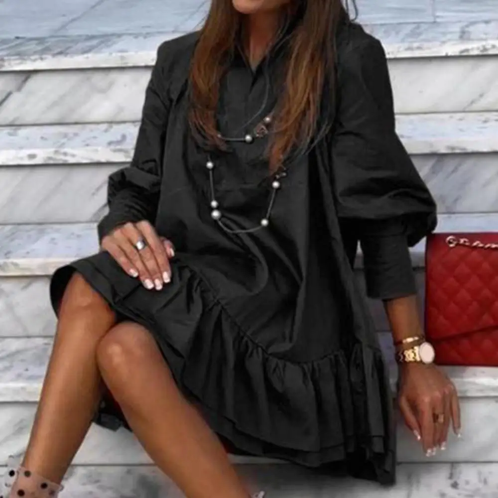 

Solid Color Mini Dress Dress Elegant Women Mini Loose Ruffle Long Puff Sleeve Large Hem Dress