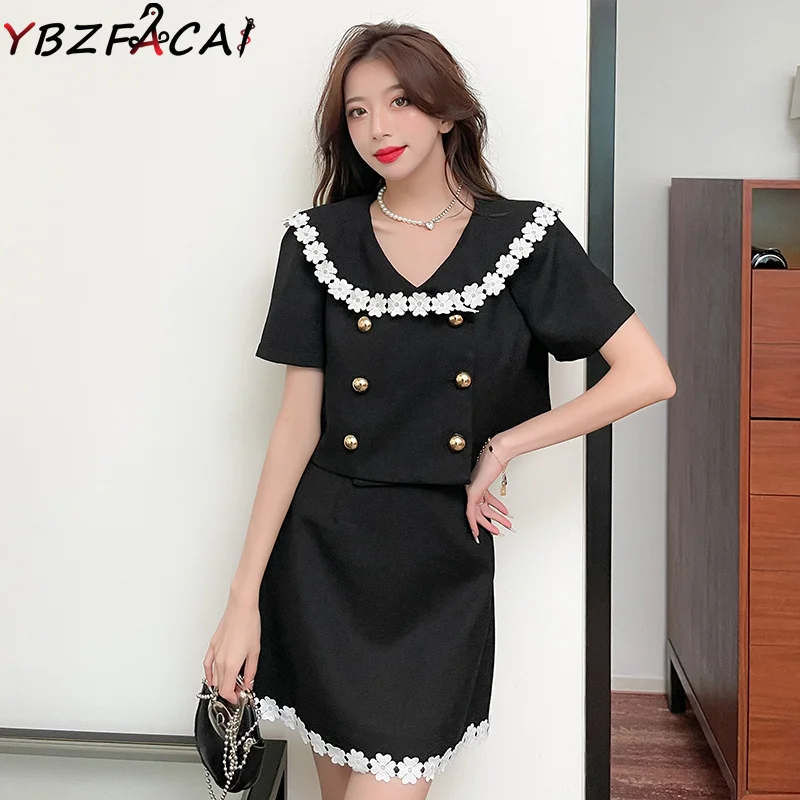 

High Quality Small Fragrance Women Black Suit Summer Lace Flower Navy Collar White Cropped Top High Waist Mini Skirt 2 Piece Set