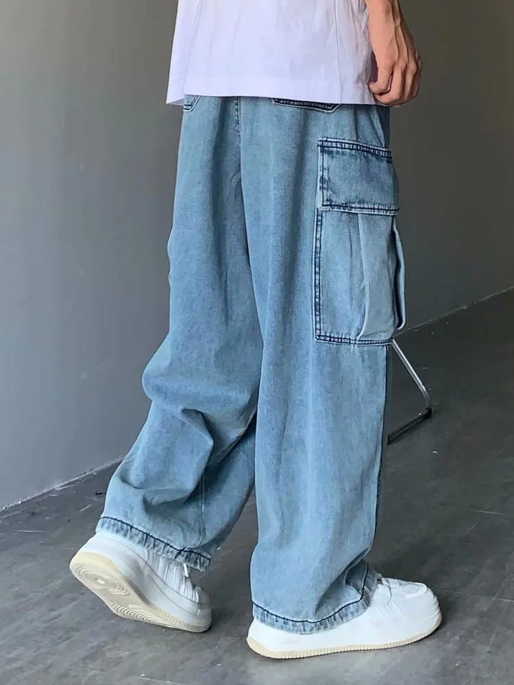 Denim Trousers Male Jeans Denim Cargo Pants Baggy Wide Leg Jeans Casual Autumn Winter Korean Streetwear Hip Hop Cowboy