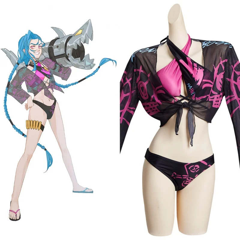 LOL Jinx Cosplay Costume Swimsuit Outfits Women Clothing Anime Bikini Swimsuit Uniform Halloween Carnival Suit for Adult Cosplay