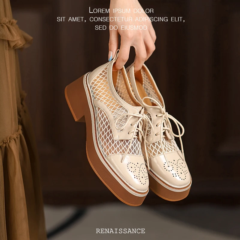 

2022 summer Women's sandals natural leather 22-24.5cm cowhide+mesh surface upper hollow out lace-up brogues Breathable net shoes