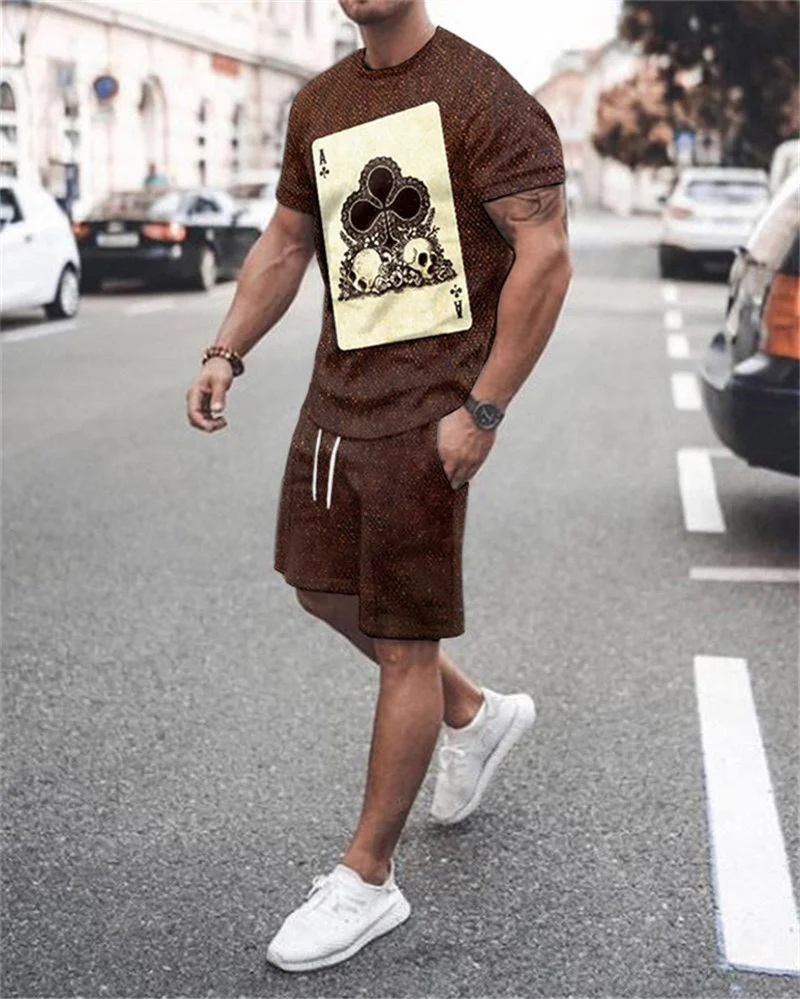 

Men's Summer 2 Piece Fashion Sportswear T-shirt + Shorts Set K Letter Beach Print Suit Tracksuits Clothes for Men Chándales