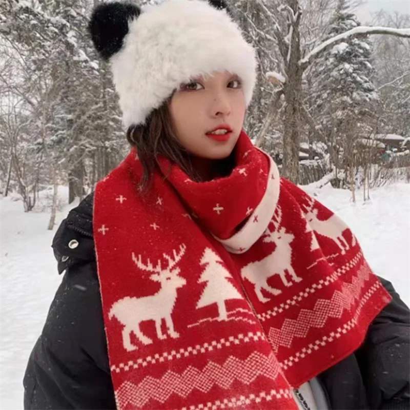 

Рождественский узор, длинный шарф, вязаный зимний теплый женский красный имитационный кашемир, красные шарфы, двусторонние шарфы