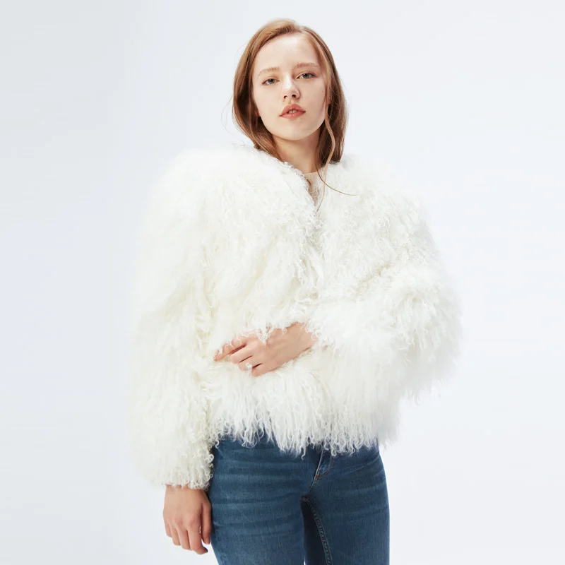 Women Lamb Fur Short Coat Tan Sheep Fur Overcoat Female Casual Warm Whole Skin Jackets 50cm Mongolia Sheep Fur Midwaist Length