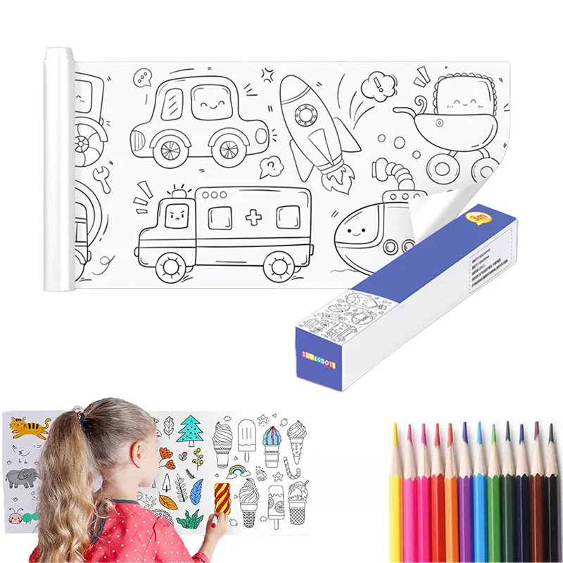 

Children's Drawing Paper Roll DIY Drawing Color Filling Paper for Kids Educational Toys for Toddler Baby with 12 Colored Pencils