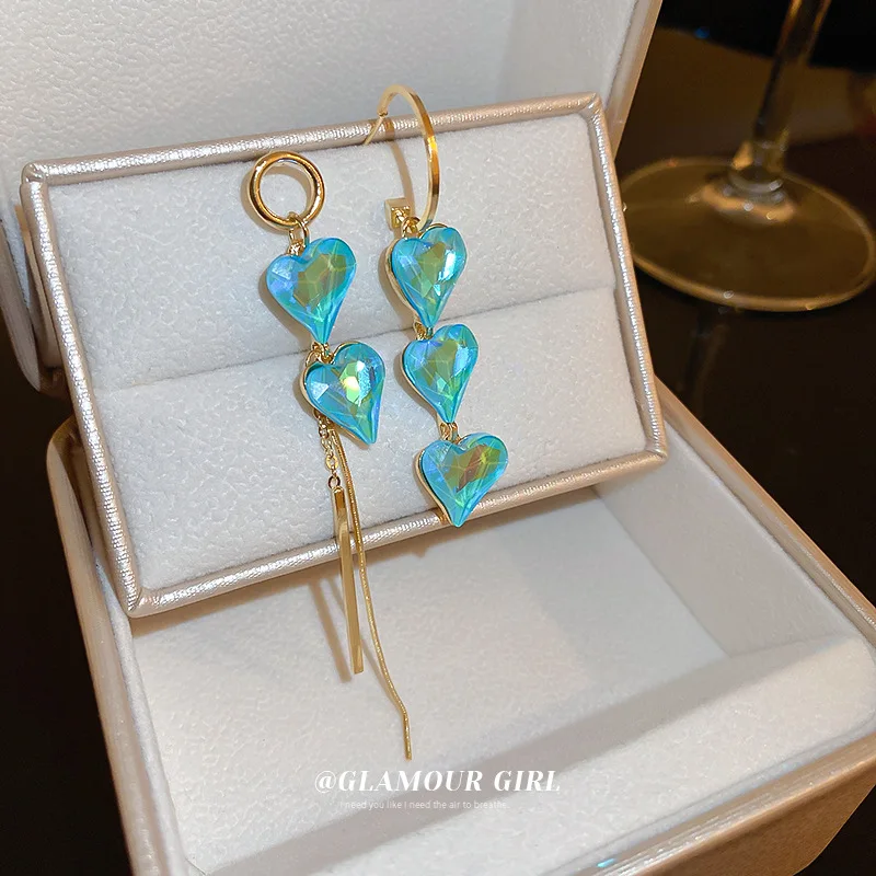 

Korea Chic Gold Color Blue Crystal Heart Tassel Dangle Earrings Jewelry