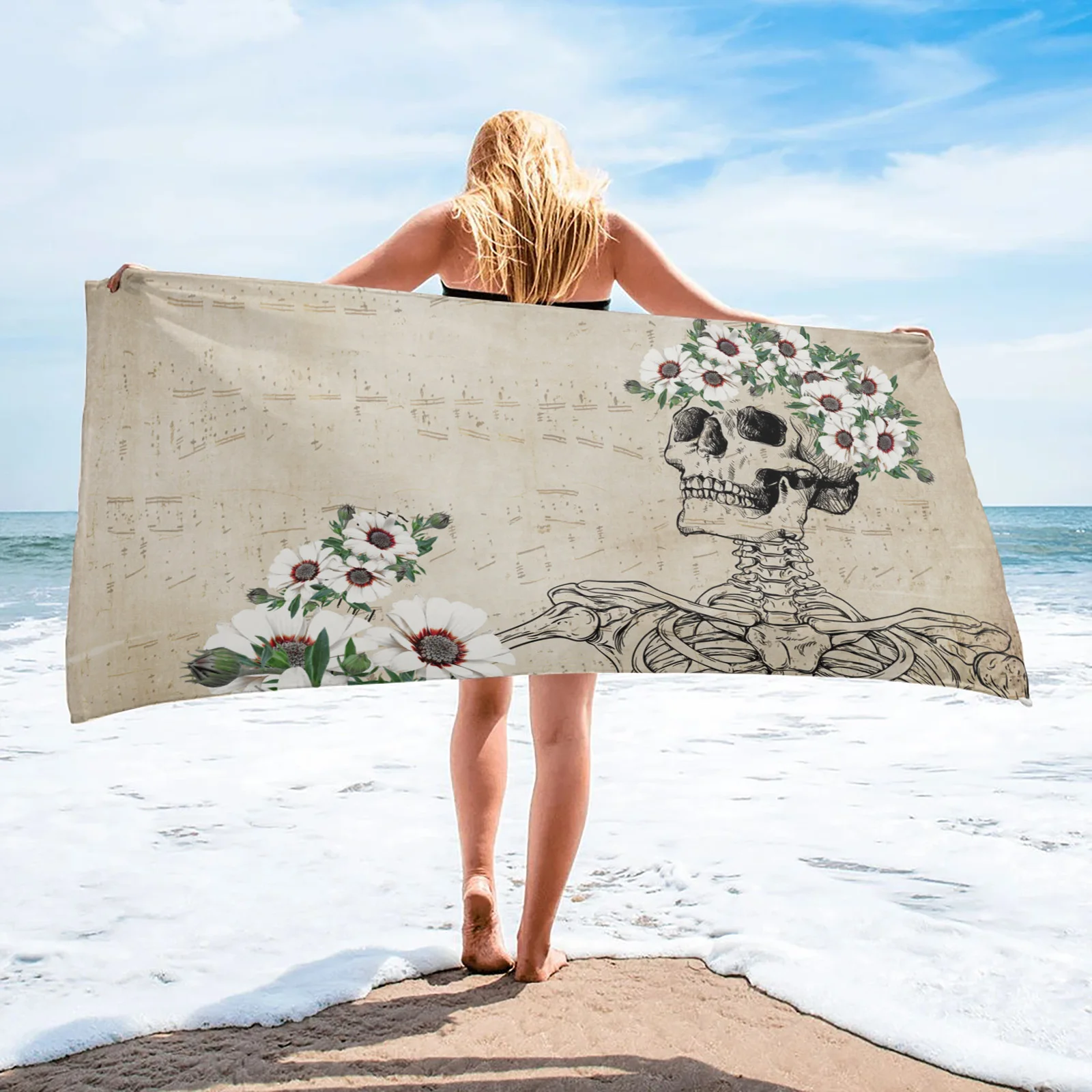 

Skull Daisy Retro Absorbent Bath Towel for Bathroom Sauna Soft Beach Yoga Towel Quick-drying Face Towel Home Essentials