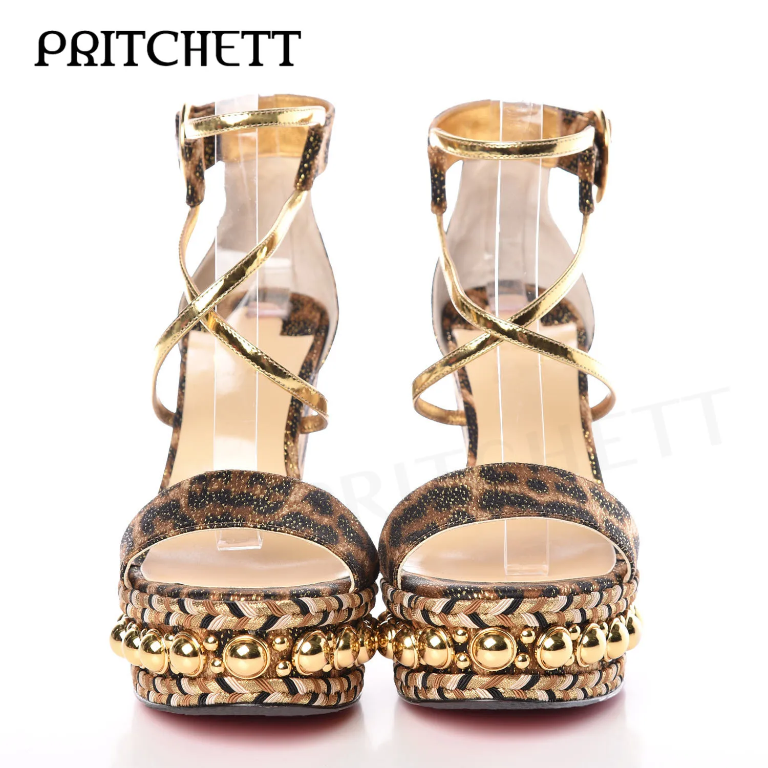 Luxury Leopard Print Wedge Platform Sandals Gold Pearl Metal Buckle One Word Strap Sandals Cross Thin Strap Fashion Women's Shoe