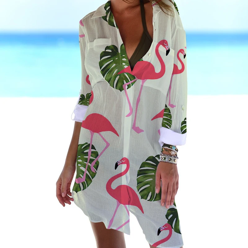 

Fashion Tops Flamingo Print Button Turn-down Collar Clothes Summer Cool Long Clothing Women Beach Style Long Sleeve Lapel Shirt