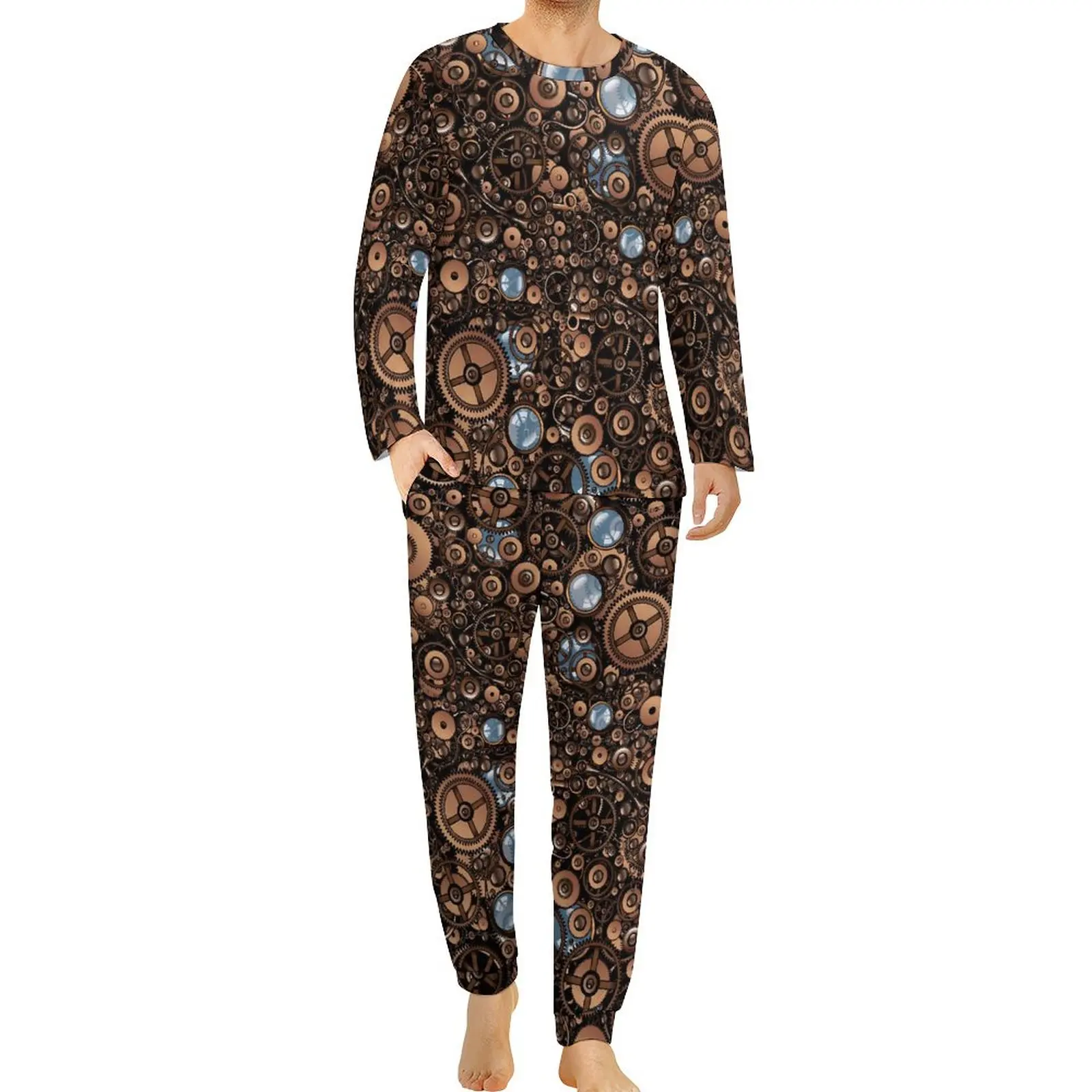 

Пижама в стиле стимпанк Мужская, винтажный Модный пижамный комплект с длинным рукавом, зимнее ночное белье с графическим принтом для комнаты, подарок на день рождения, 2 предмета
