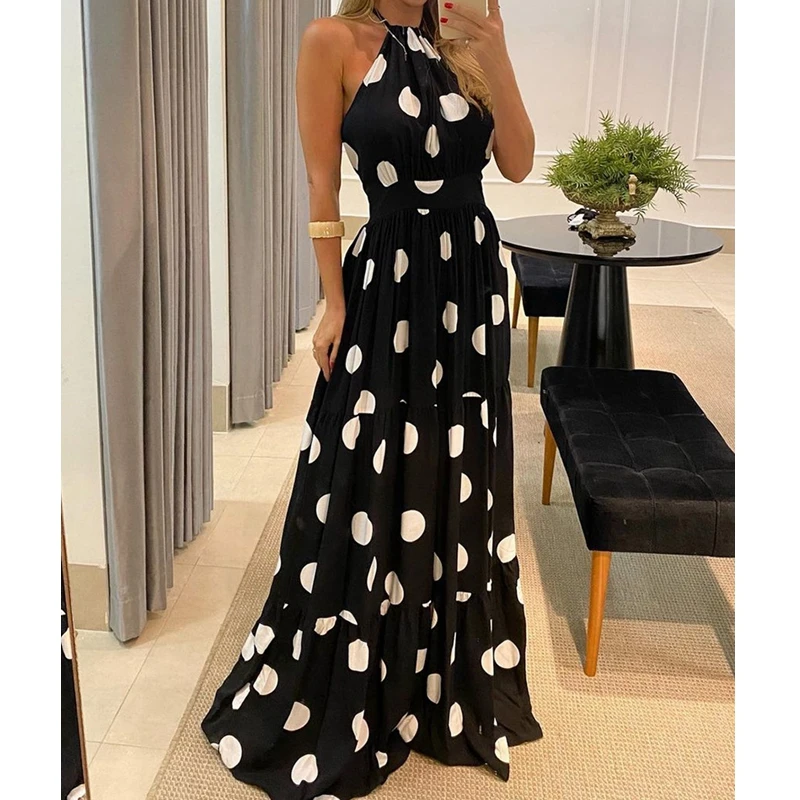 

Женское длинное платье в горошек, свободное платье макси без рукавов с высокой талией, открытой спиной и рюшами, платье в пол, лето