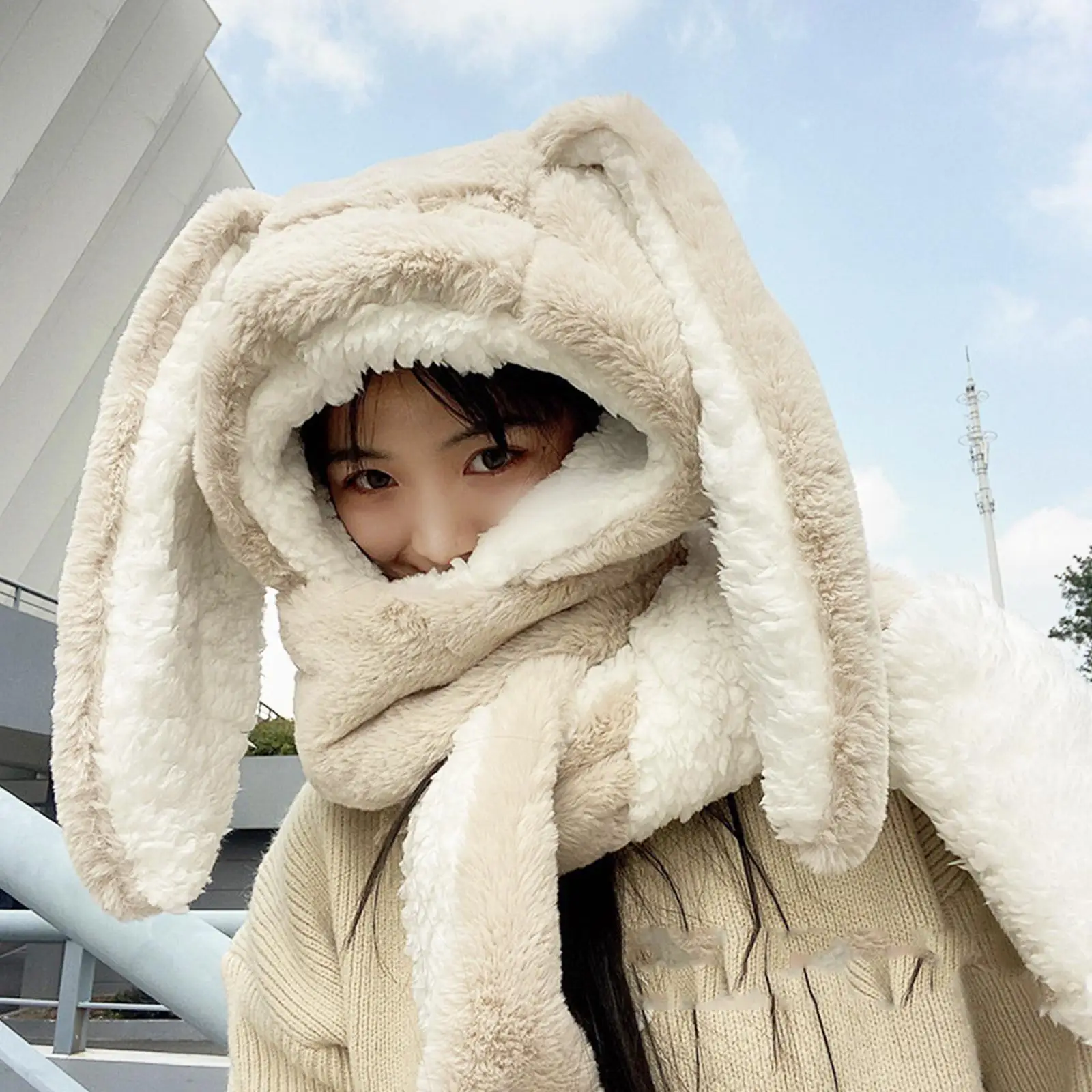 

Fashion Scarf Hat Glove Women Cute Big Ear Bunny Winter Warm Soft Thickening Pocket Hats Hooded 2022 New