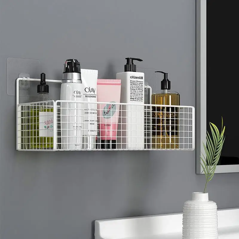 

Wall Mounted Bathroom Shelves No Drilling Shelf Shower Hanging Basket Shampoo Holder Accessories Kitchen Seasoning Storage Rack