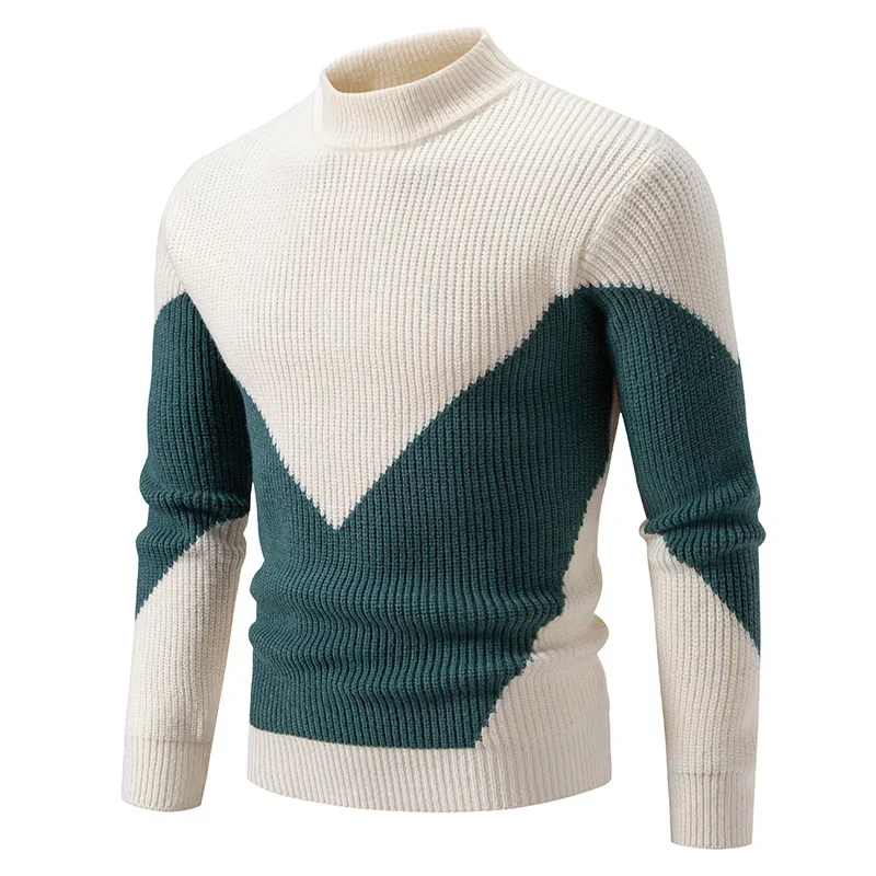 2024 High Quality Men's New Autumn and Winter Casual Warm Color Block Sweater Knit Tops