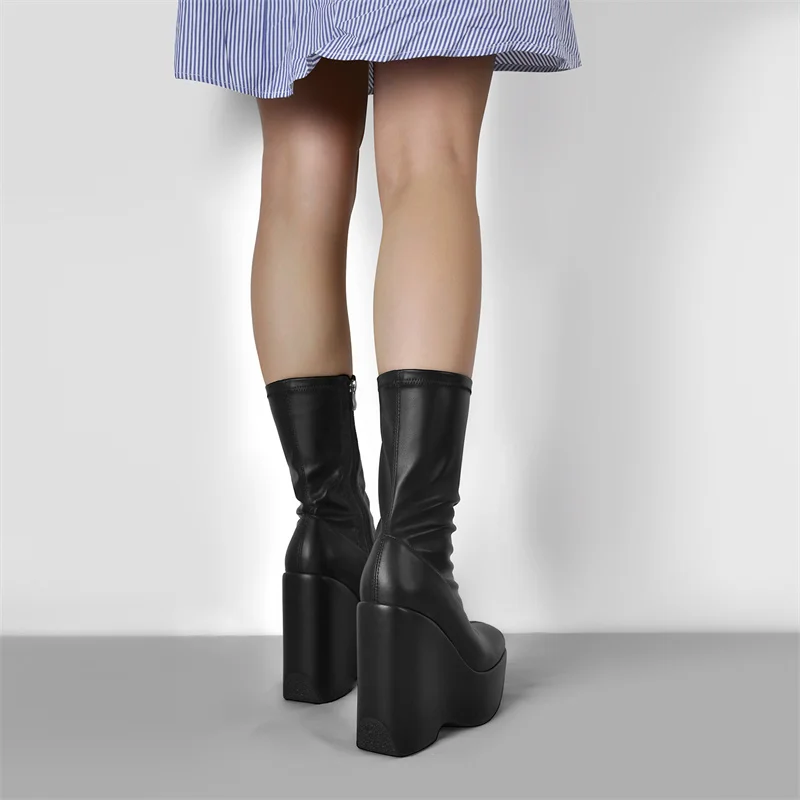 Onlymaker Women's Wedge Black Platform Zip Up Mid-Calf Boots  Ankel Boots Soft Leather For Party Dress Lady Matte Booties
