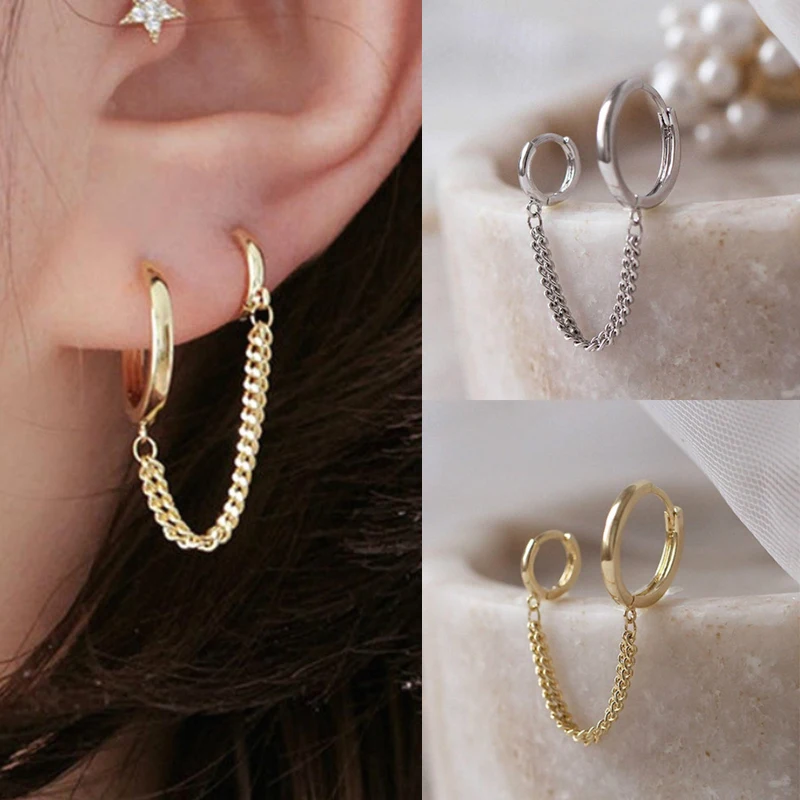 

1Pcs Punk Cool Two Hole Piercing Earrings Gold Silver Color Long Tassel Chain Drop Earrings for Women Fashion Jewelry Gifts