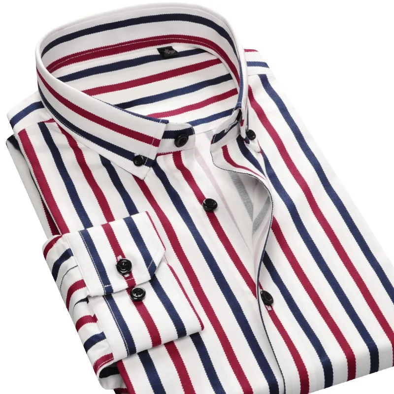 Fashion Good  Men Dress Shirt Long Sleeve Designer Contrast Striped Casual Shirts Slim Fit Comfort Soft Button Down Cotton