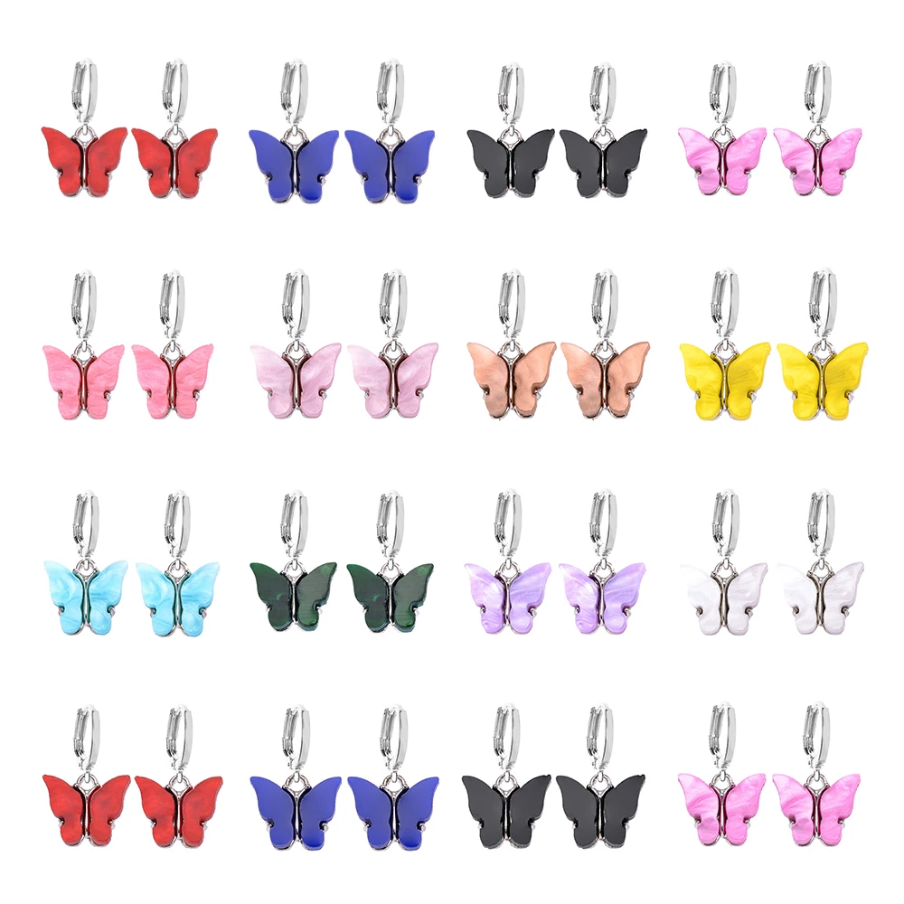 

1.4*2.5cm 3 Pairs Earrings Copper Colorful Resin Animal Pendants Cute Butterfly Ladies Silver Color Earrings Sweet Jewelry Gifts
